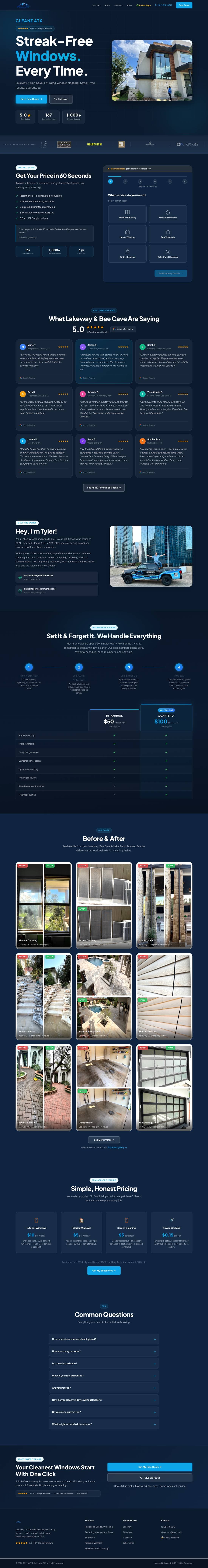 The full CleanZ ATX homepage, from the hero through services, pricing, and reviews