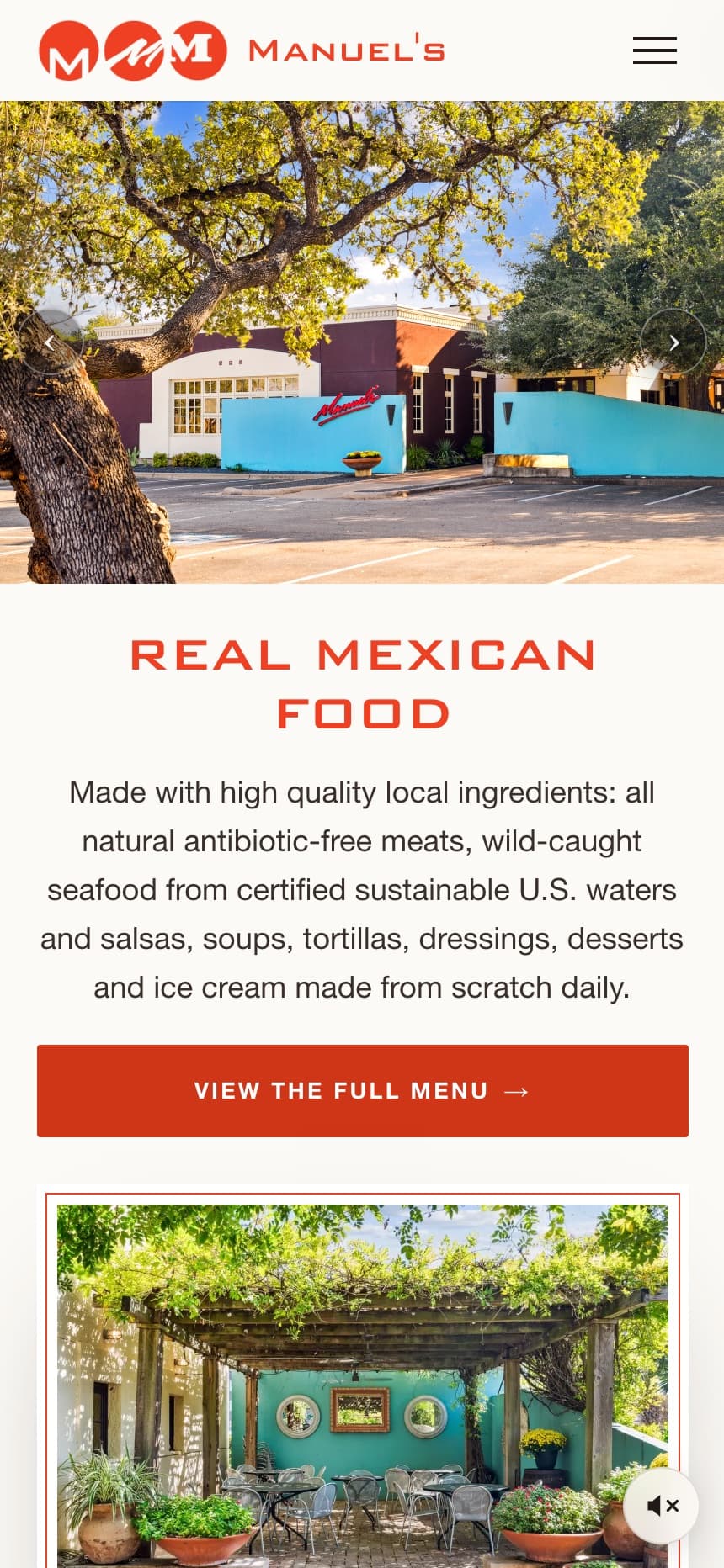 Manuel's website on a phone, with menus and reservations one tap away