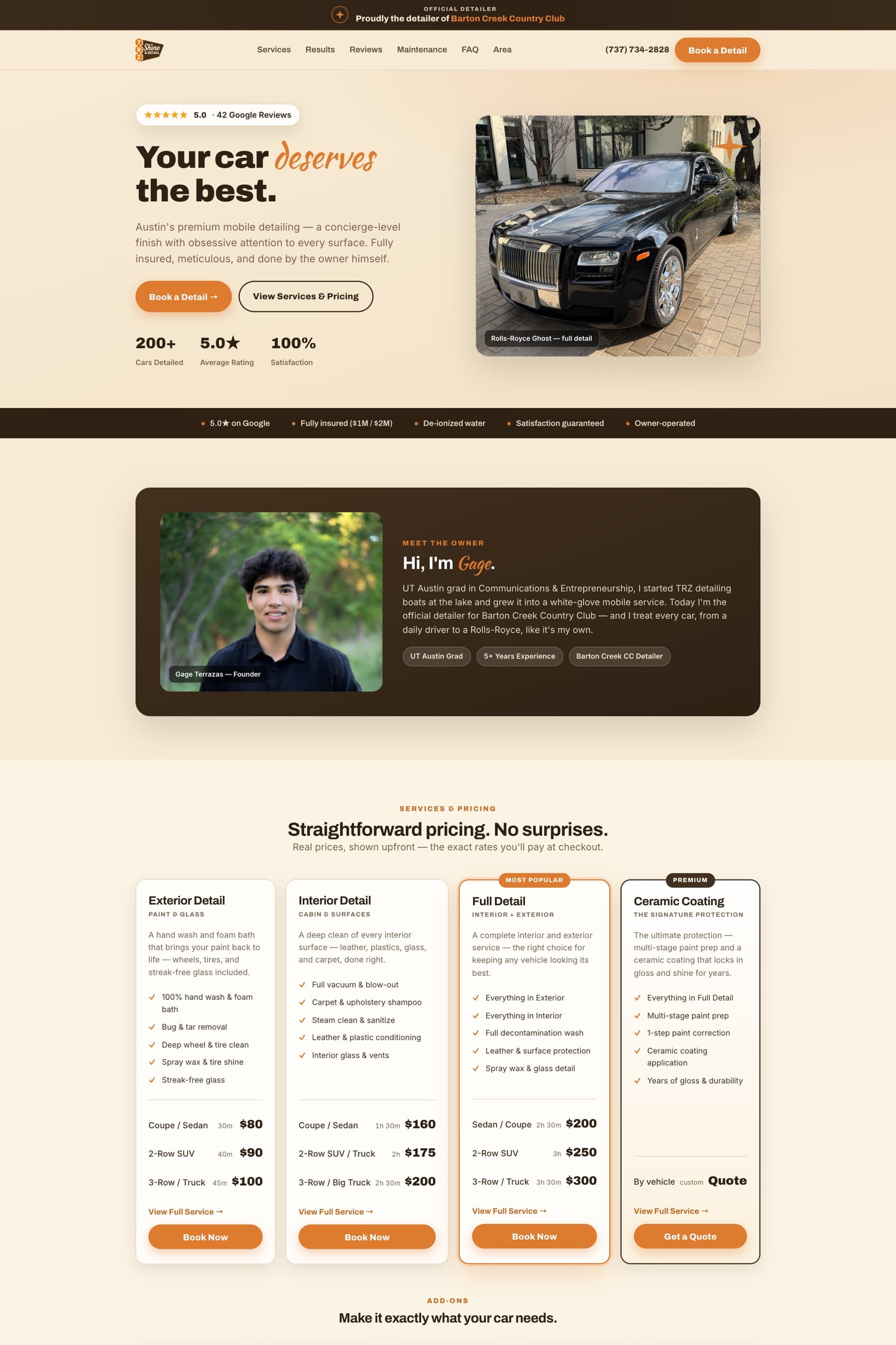 A long scroll of the TRZ Shine & Detail website showing the hero, owner introduction, and services