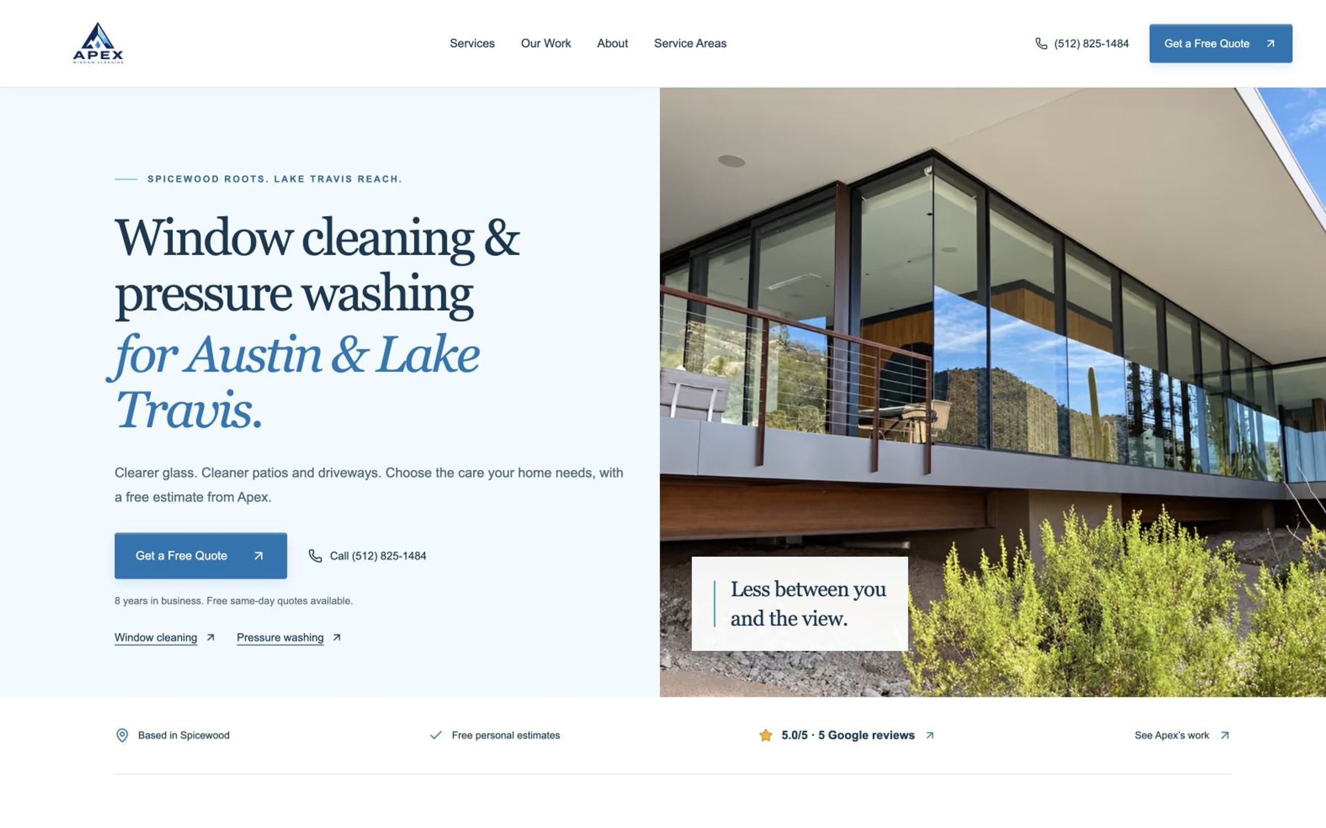 Apex Window Cleaning homepage with blue service headings beside a photograph of architectural glass