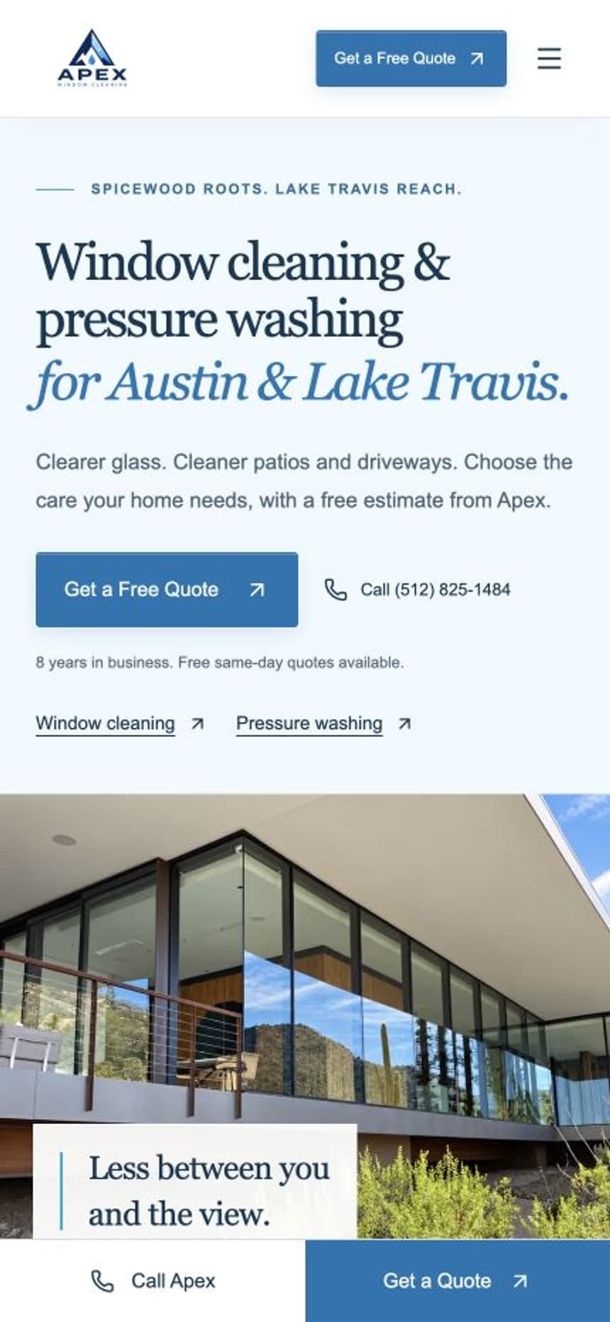 Apex website on a phone with a quote button, architectural photography, and persistent call and quote links