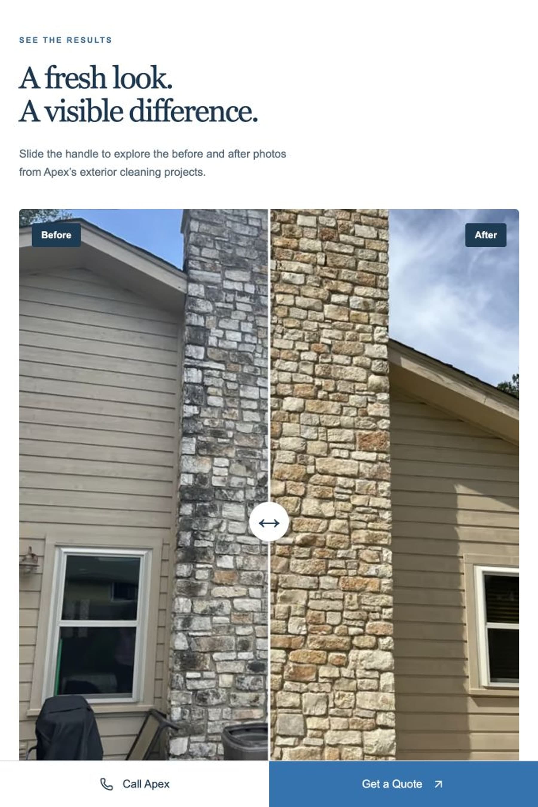 Apex project gallery showing a before-and-after stone chimney cleaning comparison