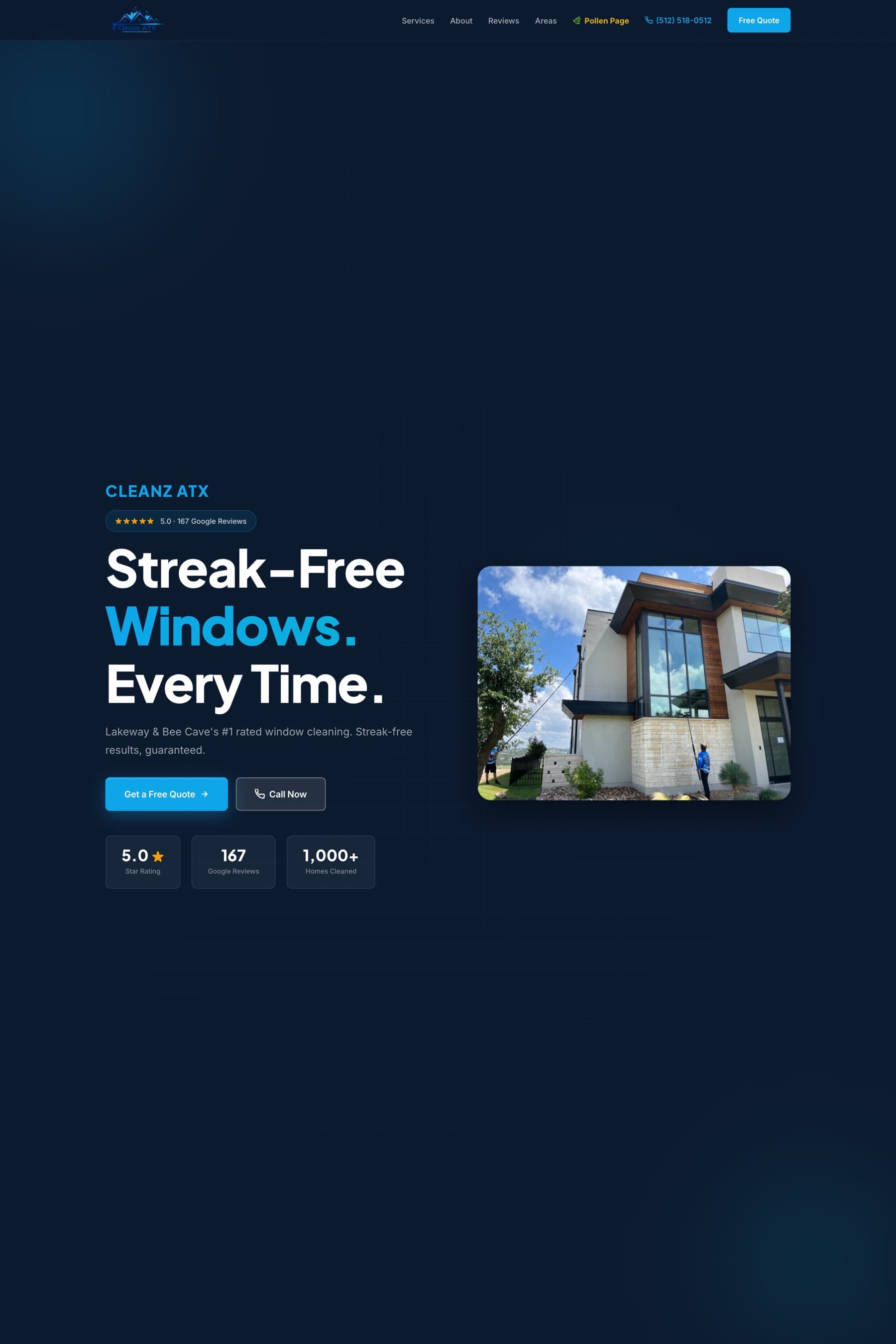 A long scroll of the CleanZ ATX website showing the hero, services, and review sections