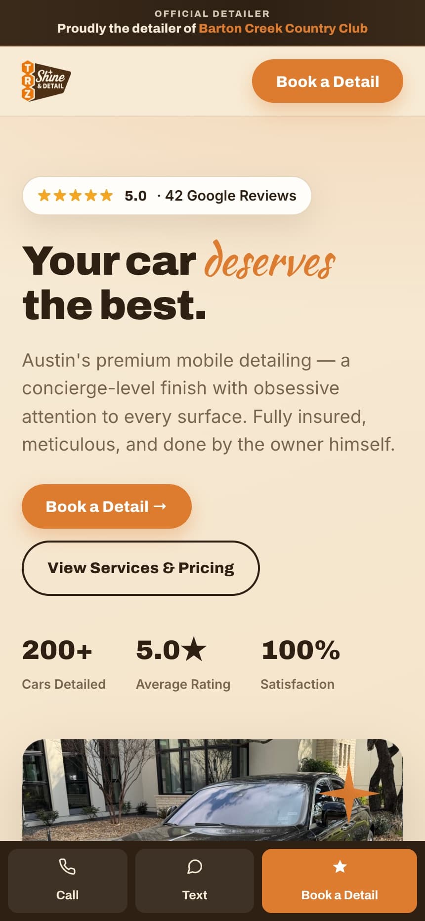 TRZ Shine & Detail website on a phone with a persistent booking button